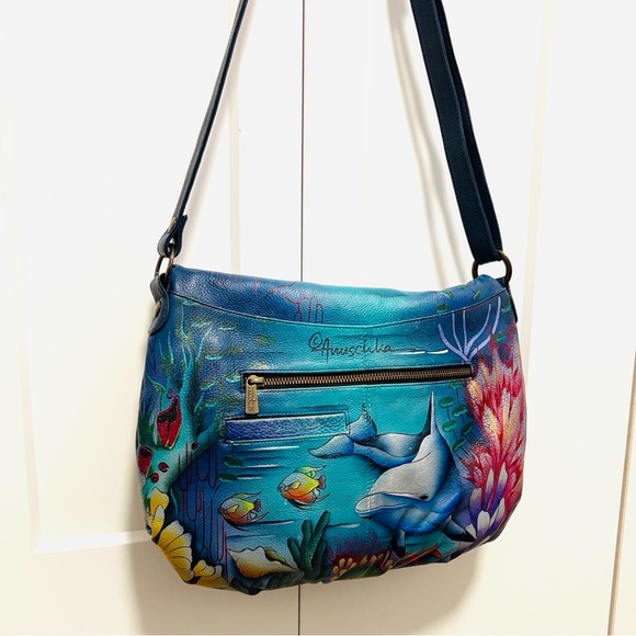[Anuschka] Hand-Painted Leather Medium Flap Messenger Bag Purse, "Dolphin World" - Picture 6 of 16